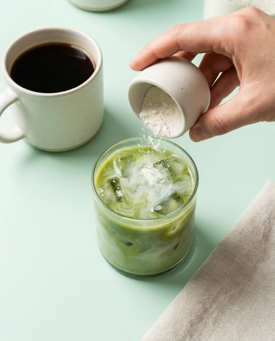 Poudre versée dans un matcha latte glacé