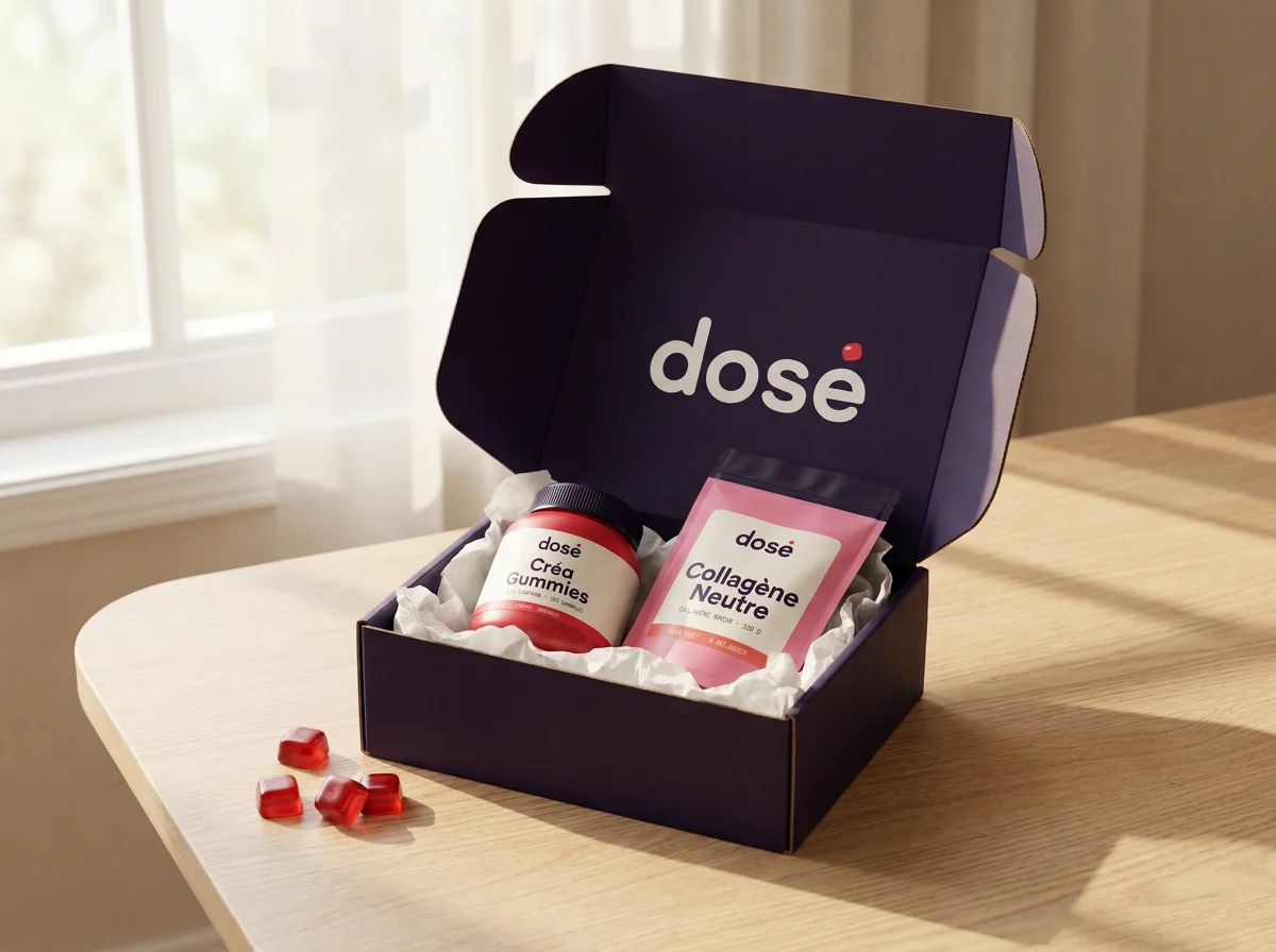 Colis dosé. ouvert avec un pot de gummies et un sachet de collagène